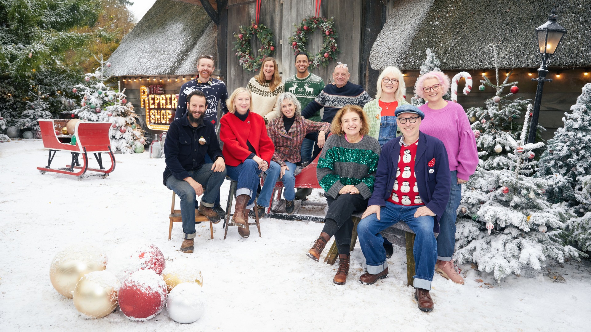 Dave Burville, Dom Chinea, Kirsten Ramsay, Becky Houton, Suzie Fletcher, Will Kirk, Steve Fletcher, Lucia Scalisi, Amanda Middleditch, Chris Shaw, Julie Tatchell on The Repair Shop at Christmas
