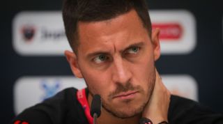 Eden Hazard speaks to the media at a press conference at the 2022 World Cup in Qatar.