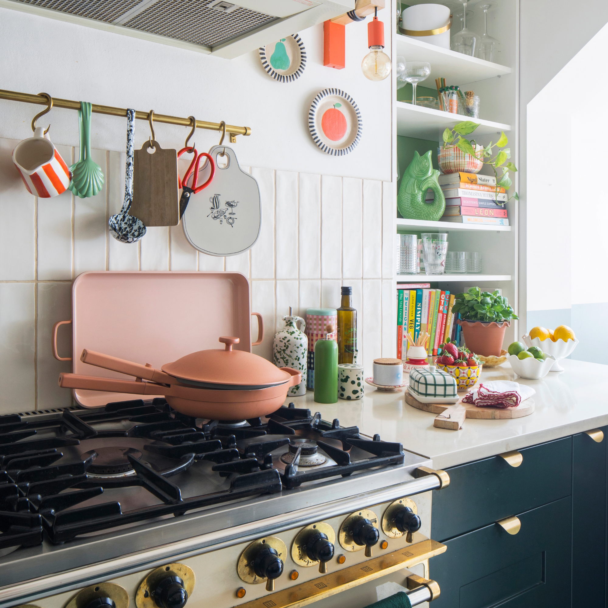 Pink Always Pan by Our Place in white and navy kitchen