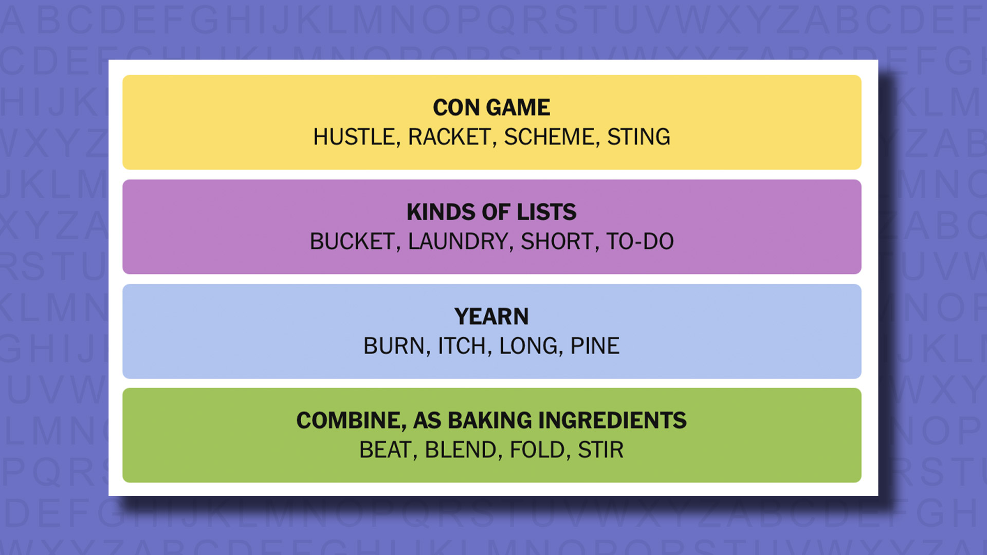 NYT Connections answers for game 755 on a purple background
