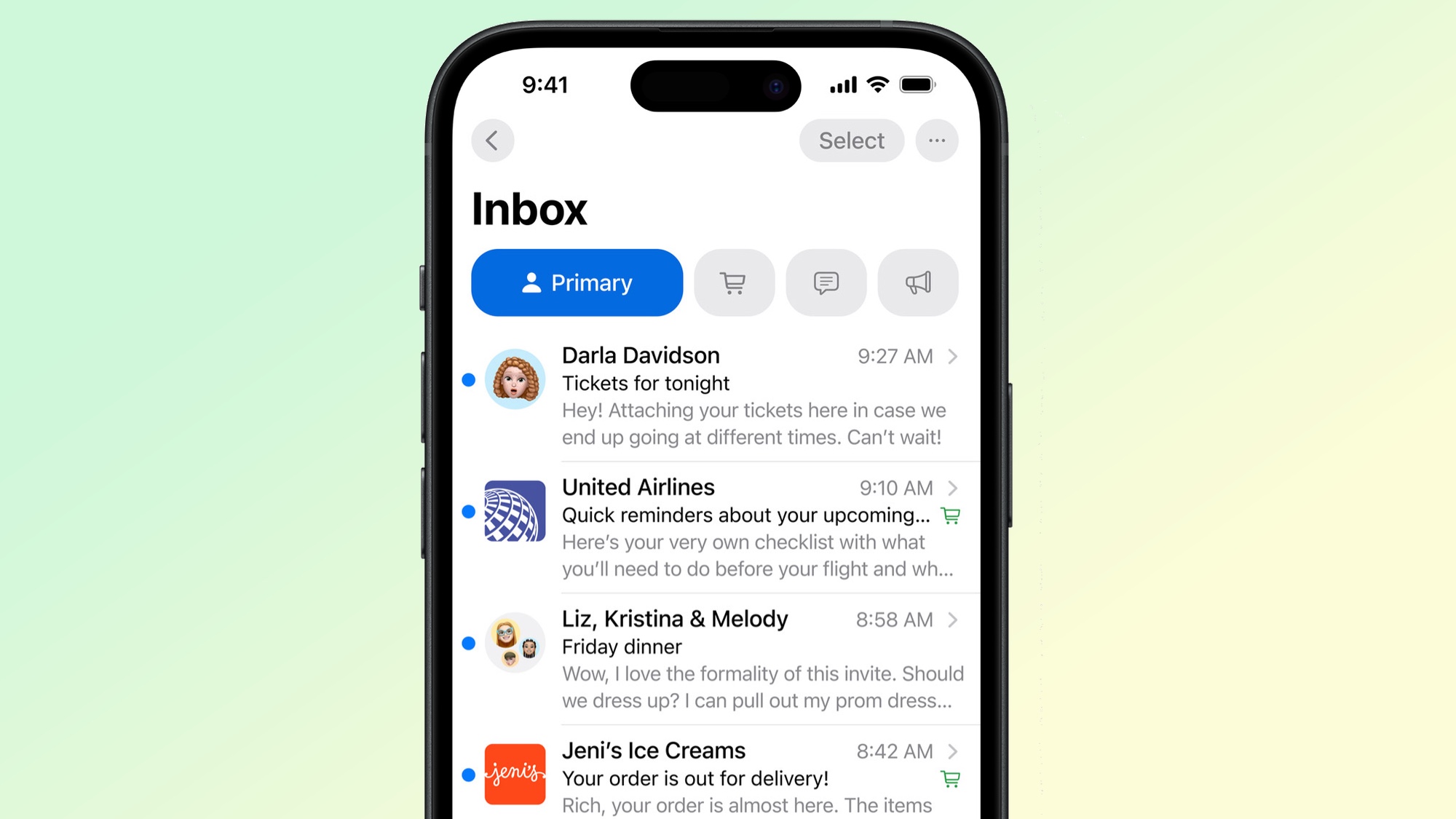 iOS 18 Mail Interface with Categories