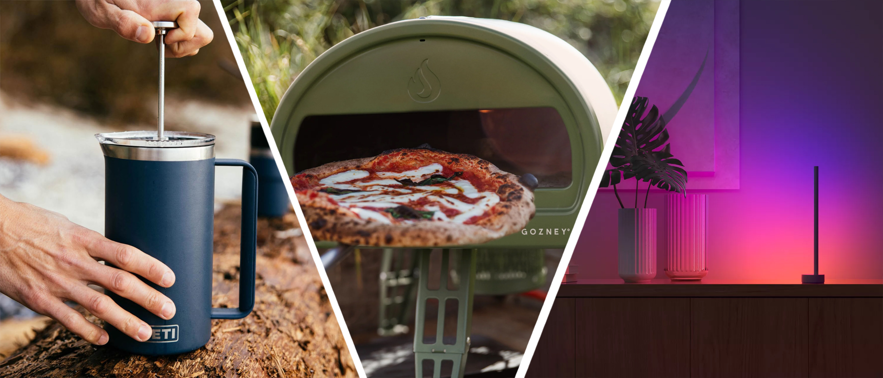 A Gozney Roccbox pizza oven, a Yeti French press and a Philips Hue gradient lamp