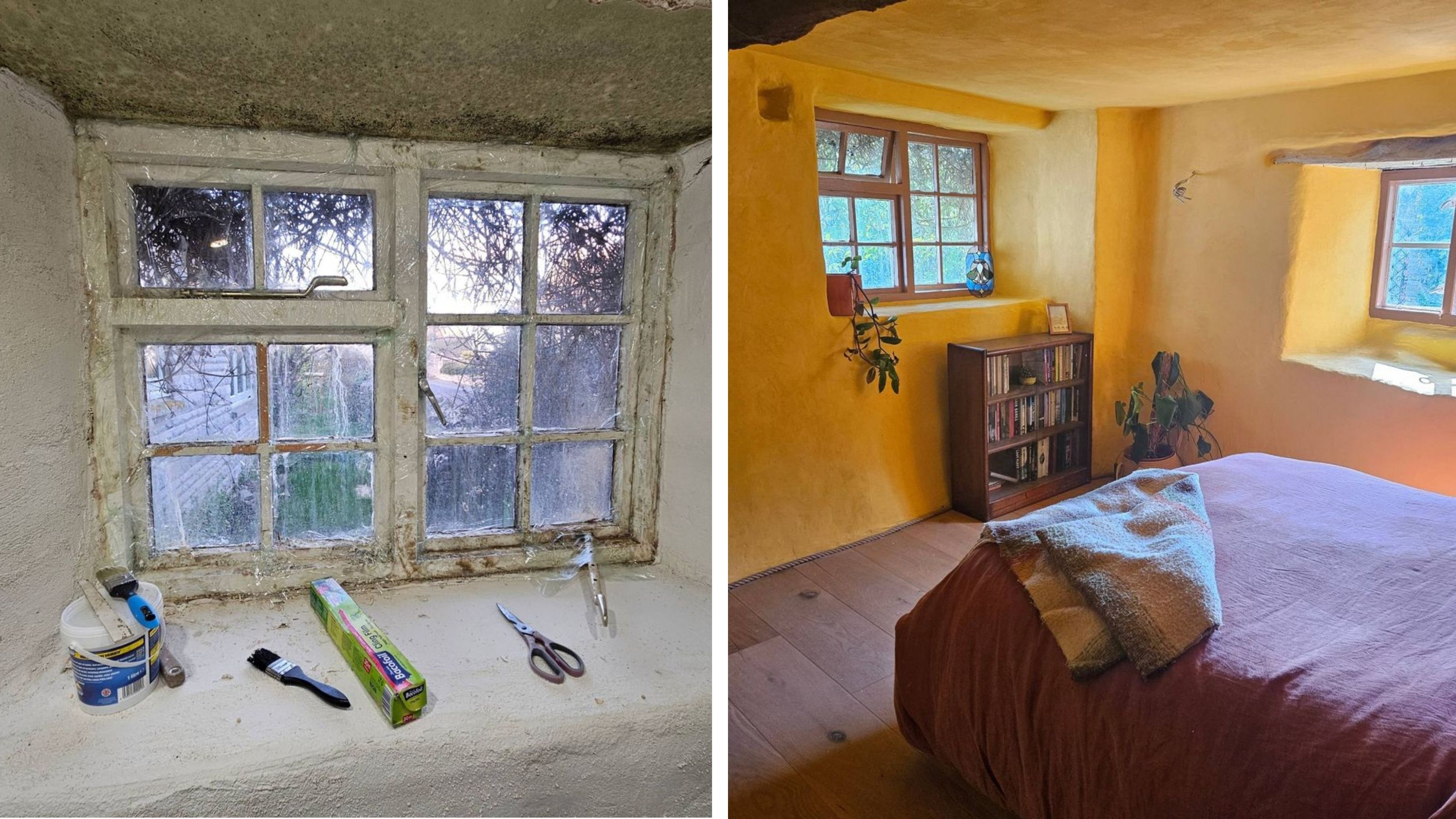 Split image showing the process of stripping the paint from the timber windows and the after when the room is all finished