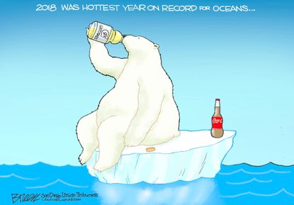 Editorial cartoon World climate change oceans polar bear gatorade