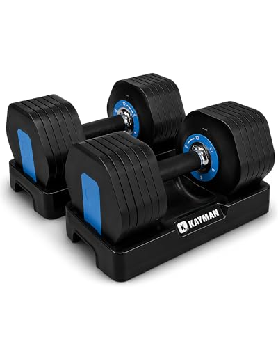 Kayman 24kg Adjustable Dumbbell Set (2x12kg) - 12-In-1 Quick-Dial System With Safety Lock - 6 Adjustable Weight Levels 2/4/6/8/10/12kg - Space Saving Home Gym Strength Training Weights for Men &amp;amp; Women