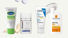 Collage of four of the best sunscreens for sensitive skin from (left to right) Cetaphil, Ultrasun, CeraVe and La Roche-Posay, set in front of three product swatches against an off-white background