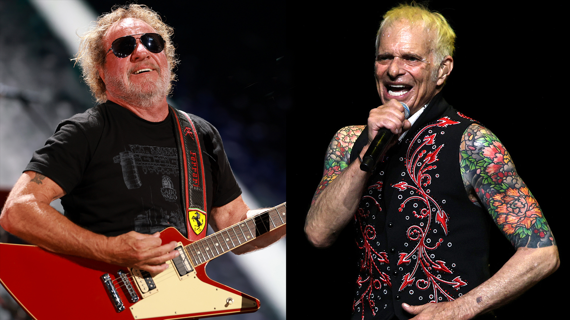 LEFT: Sammy Hagar performs onstage during the 2025 iHeartRadio Music Festival at T-Mobile Arena on September 19, 2025 in Las Vegas, Nevada. RIGHT: NIAGARA FALLS, ONTARIO - MAY 21: David Lee Roth performs on the OLG Stage at Fallsview Casino Resort on May 21, 2026 in Niagara Falls, Ontario. 