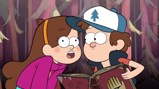 Mabel and Dipper in Gravity Falls.