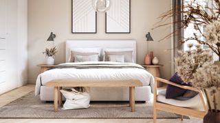 Neutral Japandi inspired bedroom trend with layers of tactile materials and neutral color scheme