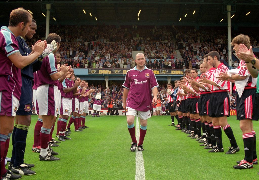 Julian Dicks is applauded by the two teams before his Benefit match between West Ham United and Athletic Bilbao at Upton Park in London. \ Mandatory Credit: Jamie McDonald /Allsport