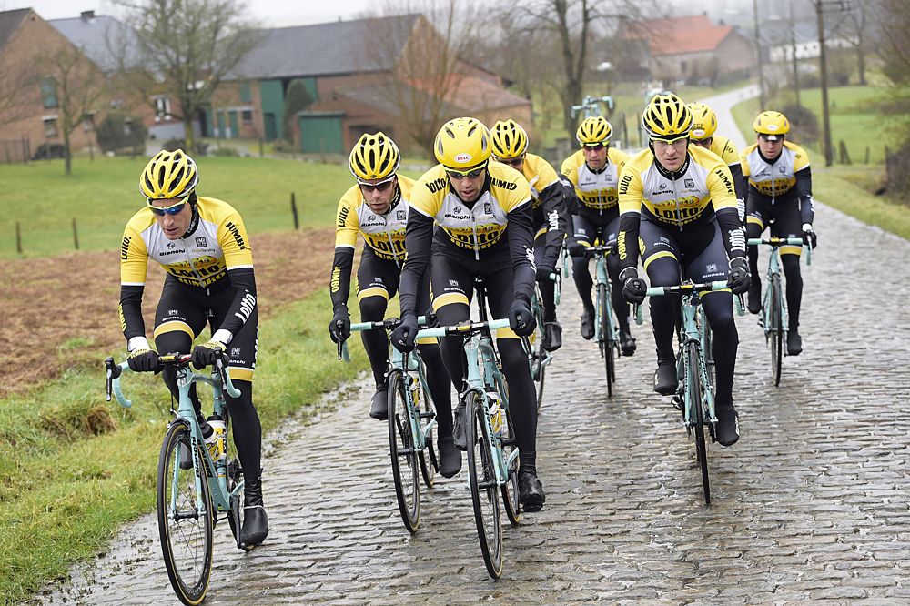 The LottoNL-Jumbo team pre-rides the Omloop Het Nieuwsblad course
