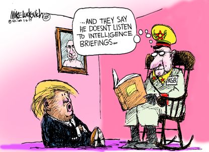 Political cartoon U.S. Russia Donald Trump intelligence briefing