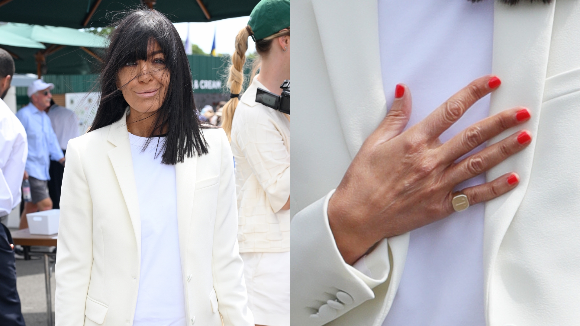 Claudia Winkleman pictured at Wimbledon 2026 wearing a white T-shirt and cream blazer (L) and close up image of her bright orange nails (R)