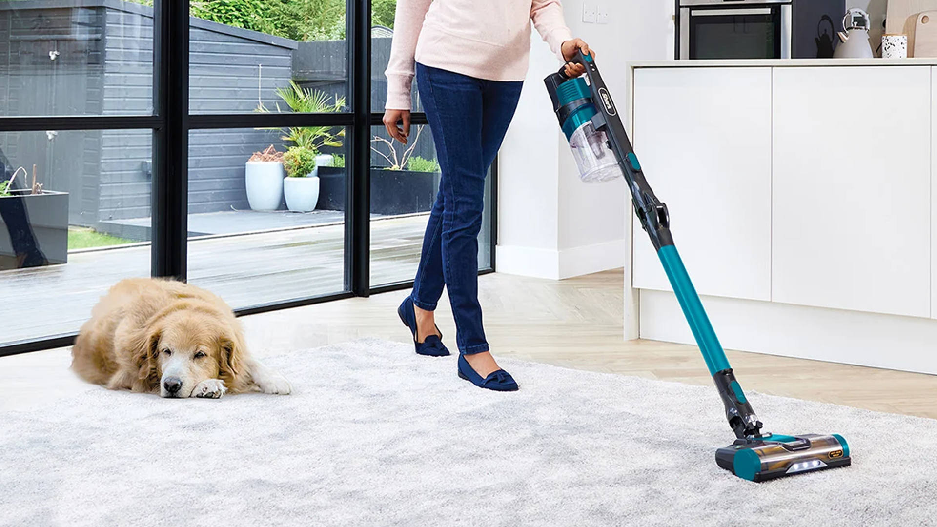 Shark IZ102 lifestyle image with dog and person