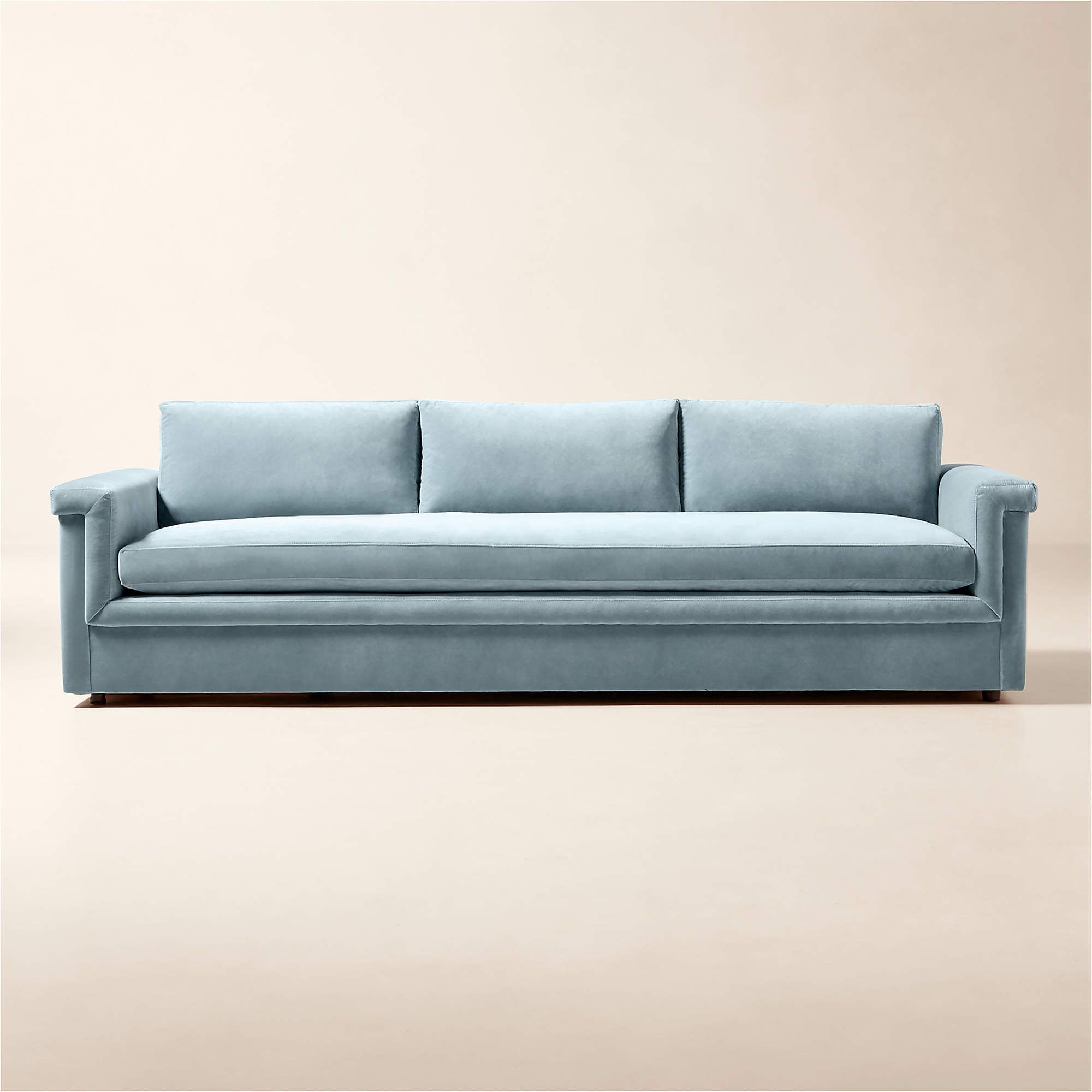 Pale blue velvet three-seat sofa