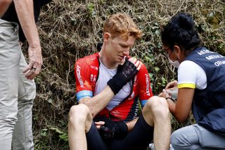 Jack Haig (Bahrain Victorious) after crashing on stage of the 2021 Tour de France