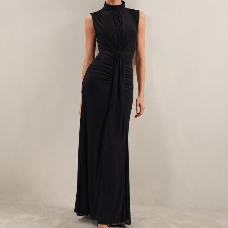 black ruched maxi dress