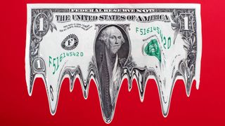 US $1 dollar bill in mid-air melting, red gradated background.
