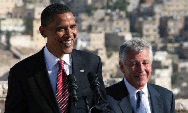 Barack Obama and Chuck Hagel in Amman, Jordan, in 2008. The pair, along with Democrat Jack Reed, traveled together on a tour of the Middle East and Europe.