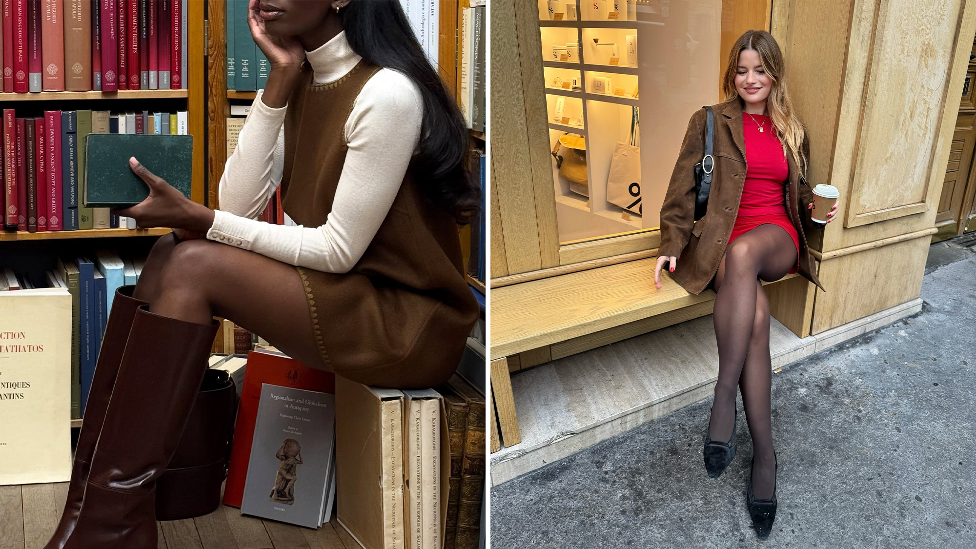 @_livmadeline wearing a brown dress and turtleneck; @sabinasocol wearing a red dress and suede jacket