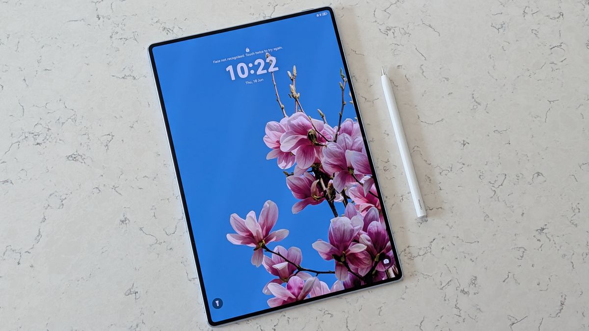 Photos of the Huawei MatePad Pro Max resting on a marble table