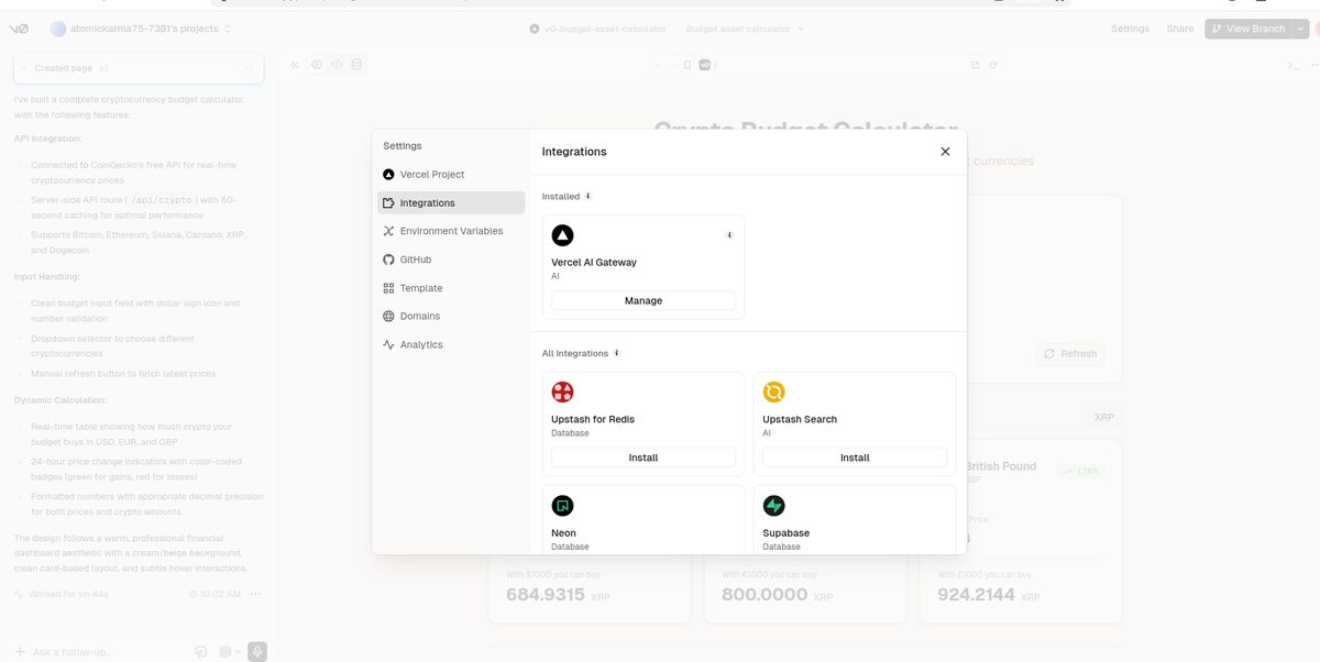 Available integrations with Vercel v0 no-code tool