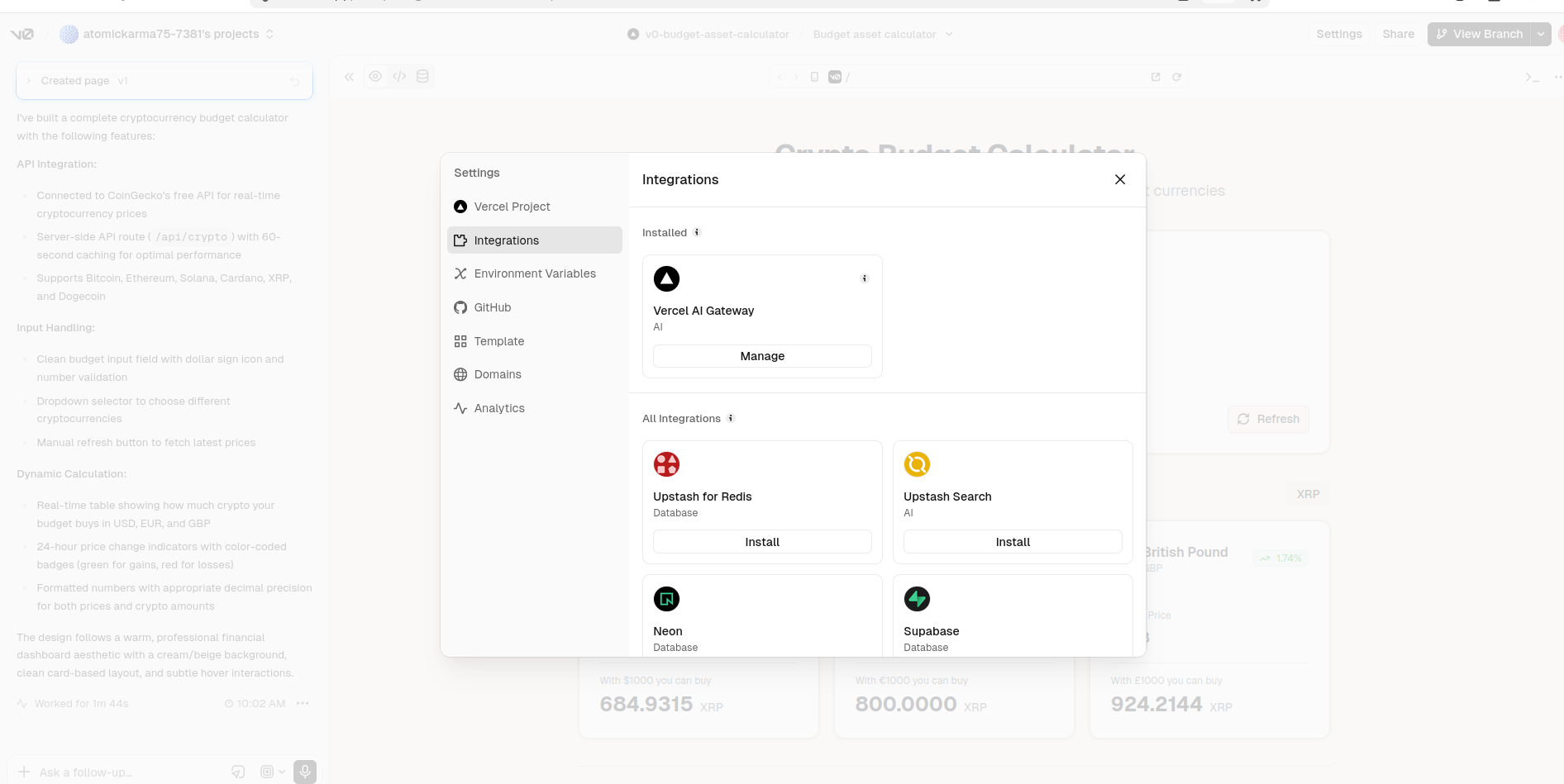 Available integrations with Vercel v0 no-code tool