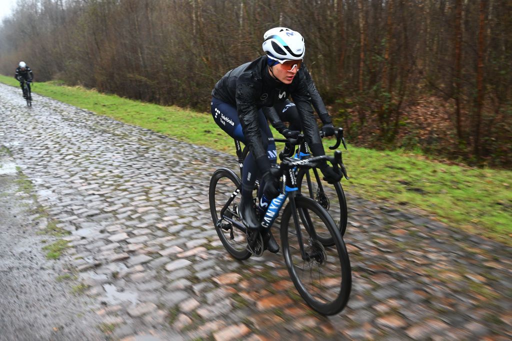 ROUBAIX FRANCE APRIL 06 Juri Hollmann of Germany and Movistar Team during the ParisRoubaix 2023 Training Day 1 UCIWT on April 06 2023 in Roubaix France Photo by Luc ClaessenGetty Images