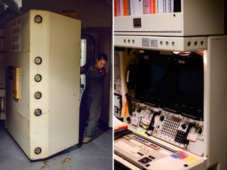 From left: Dinkha opens the eight-ton blast door that seals off the capsule; The REACT console, the missileers' computer system, is largely the same as it was in 1970.
