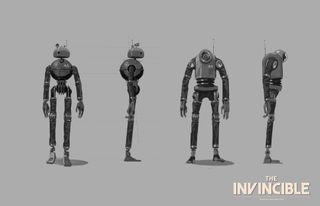 Making The Invincible; a tall, slim robot designed to look like a 1950s machine