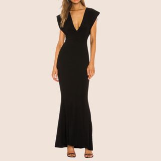 Flat lay image of black v-neck dress