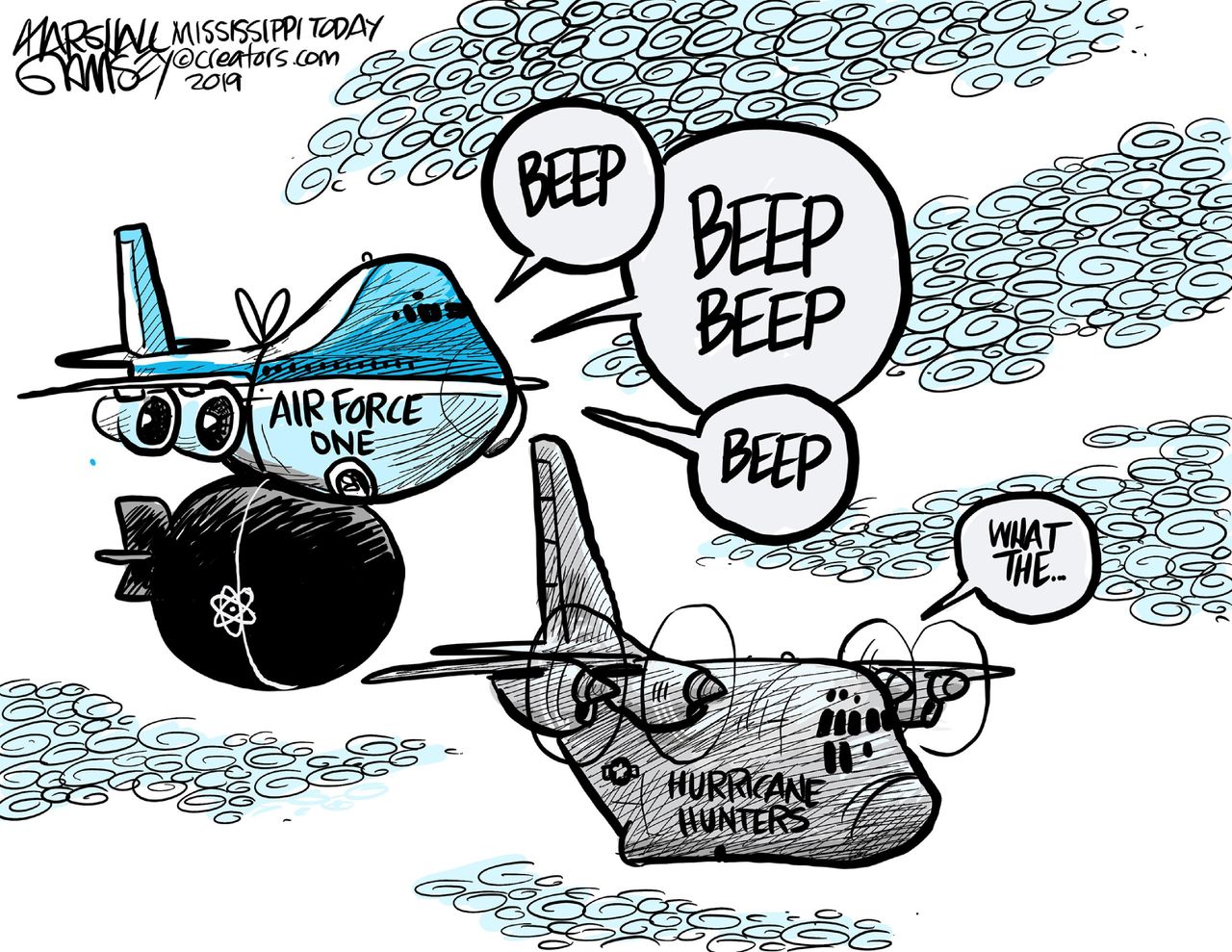 Political Cartoon U.S. Hurricane Hunters Air Force One Trump Nukes