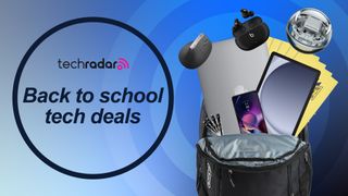 Back to school tech deals showing a laptop, tablet, phone and other tech and school supplies coming out of a backpack