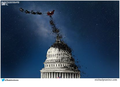 Political cartoon U.S. Christmas Santa's sleigh Capitol Building coal
