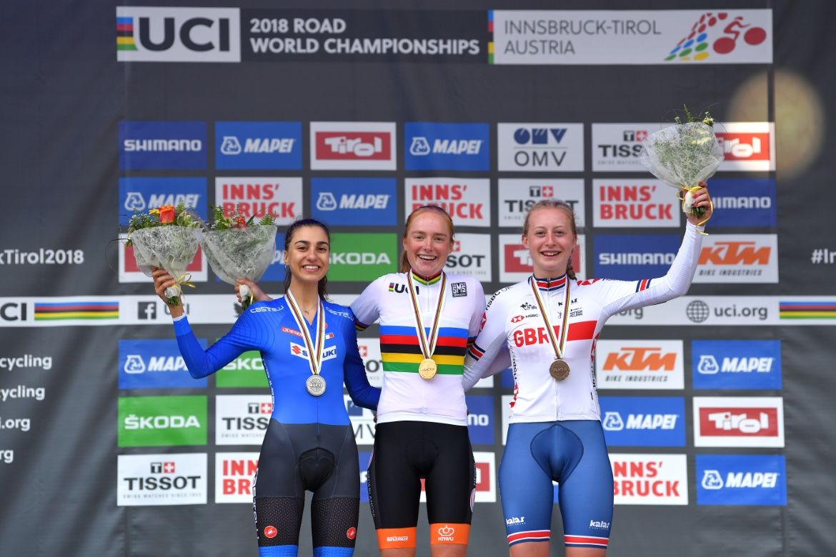 Camilla Alessio (Italy), Rozemarijn Ammerlaan (Netherlands) and Elynor Backstedt (Great Britain) after the junior women's time trial in Innsbruck.