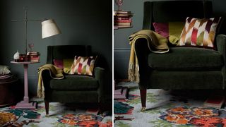 dark painted room with dark green velvet armchair dressed with a throw and cushions, idea for how to make a living room look expensive on a budget