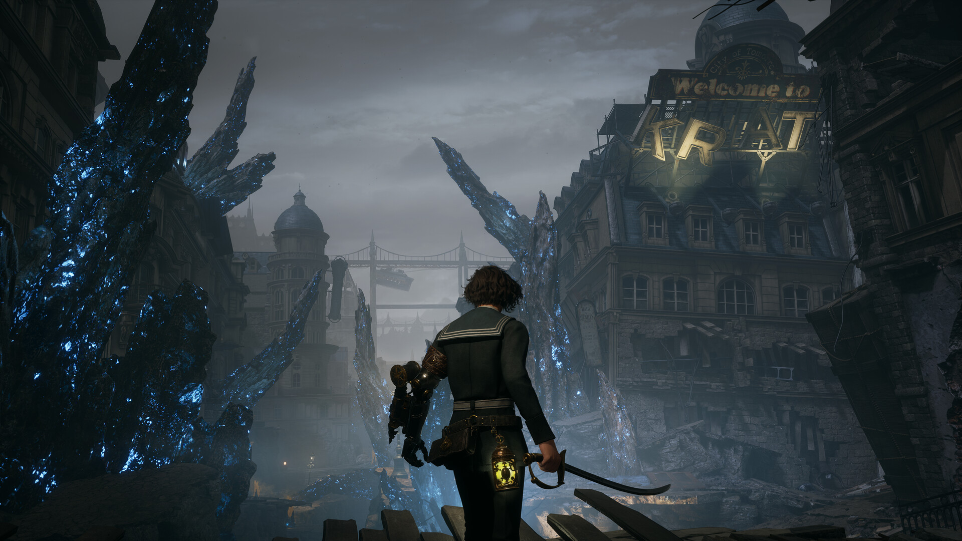 In Lies of P, protagonist P wields a sword and stands looking out towards a street where rock shards just from buildings
