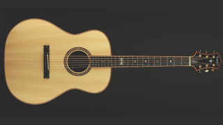 A Knaggs Potomac acoustic guitar on a black background
