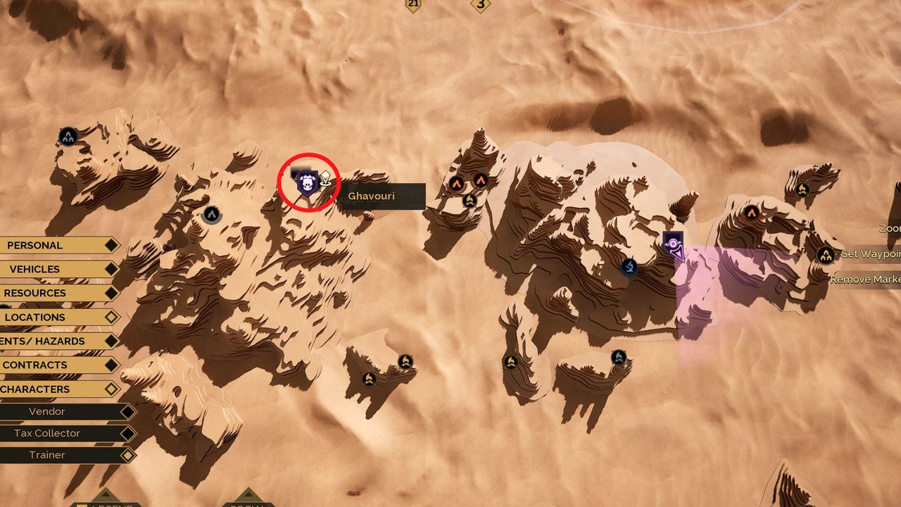 Dune: Awakening's map of South Hagga Basin, there's a red circle around Ghavouri's location in the west.