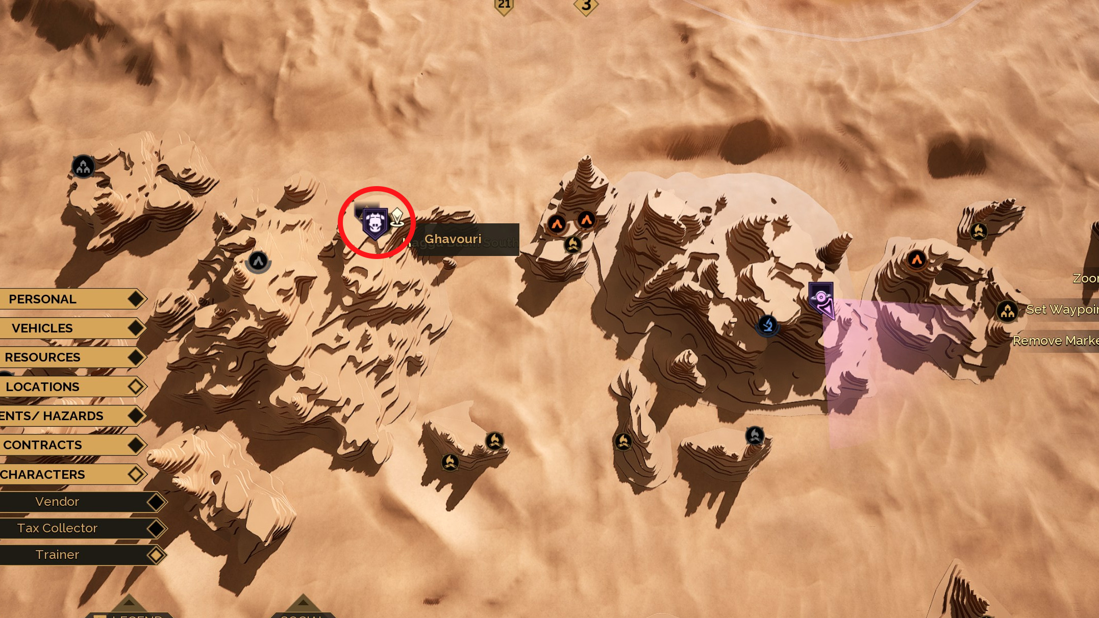 Dune: Awakening's map of South Hagga Basin, there's a red circle around Ghavouri's location in the west.