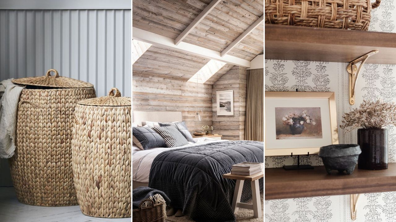 Two large water hyacinth storage baskets against grey wall boards / Churchill natural tweed bed in a wooden pannaled room, a wooden bench along the end of the bed / Close up of a wooden wall shelf with a gold framed picture and a black vase of dried small flowers. Another shelf above with the bottom of a woven basket visible