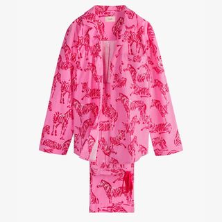 flat lay of hush long flannel pink pajama set with red zebras print