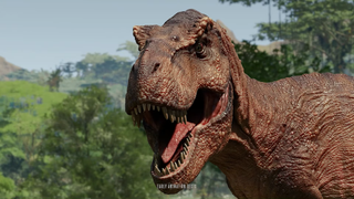 A T-rex roars at the screen in Jurassic World: Survival