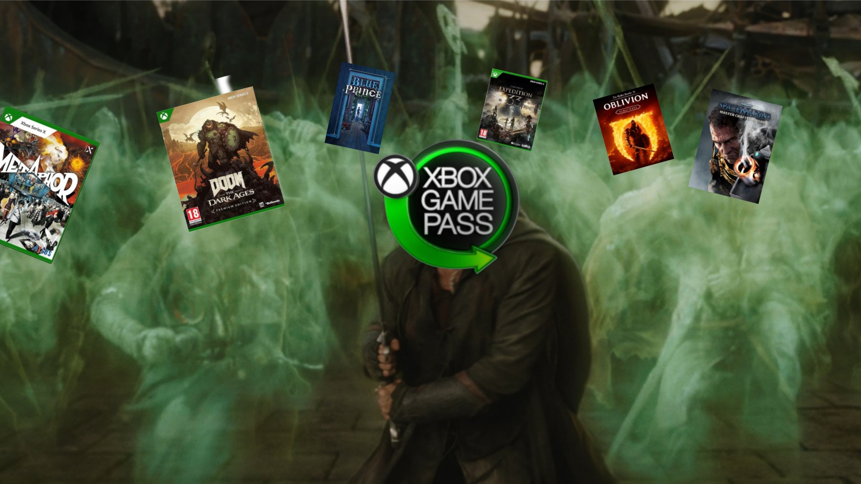 Man with sword marches into battle, head is replaced with Xbox Game Pass