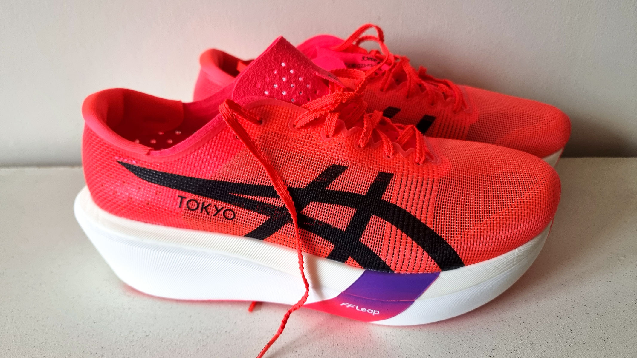 A picture of our reviewer's Asics Metaspeed Sky Tokyo running shoes