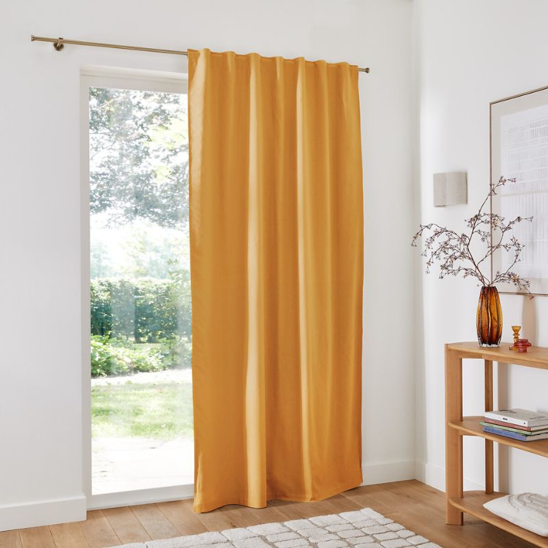 ochre linen curtains in white room