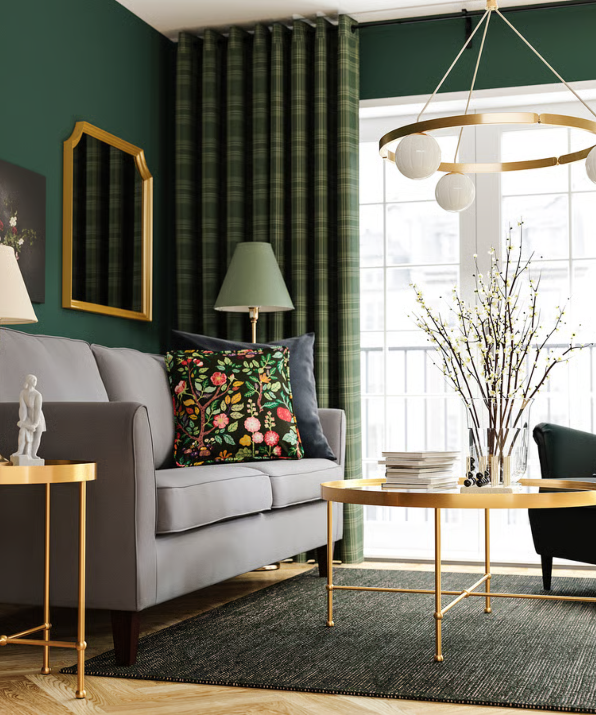 Empire-style glass IKEA coffee table with a gold frame pictured in an opulent living room alongside a coordinating side table, grey sofa, two lamps, and a large