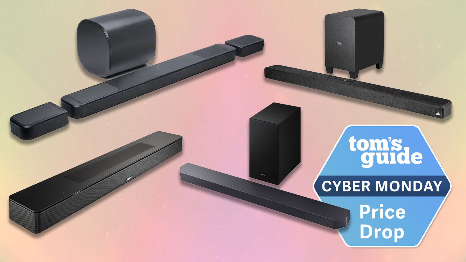 a composite image of jbl, polk audio, bose, and samsung soundbars with a cyber monday badge