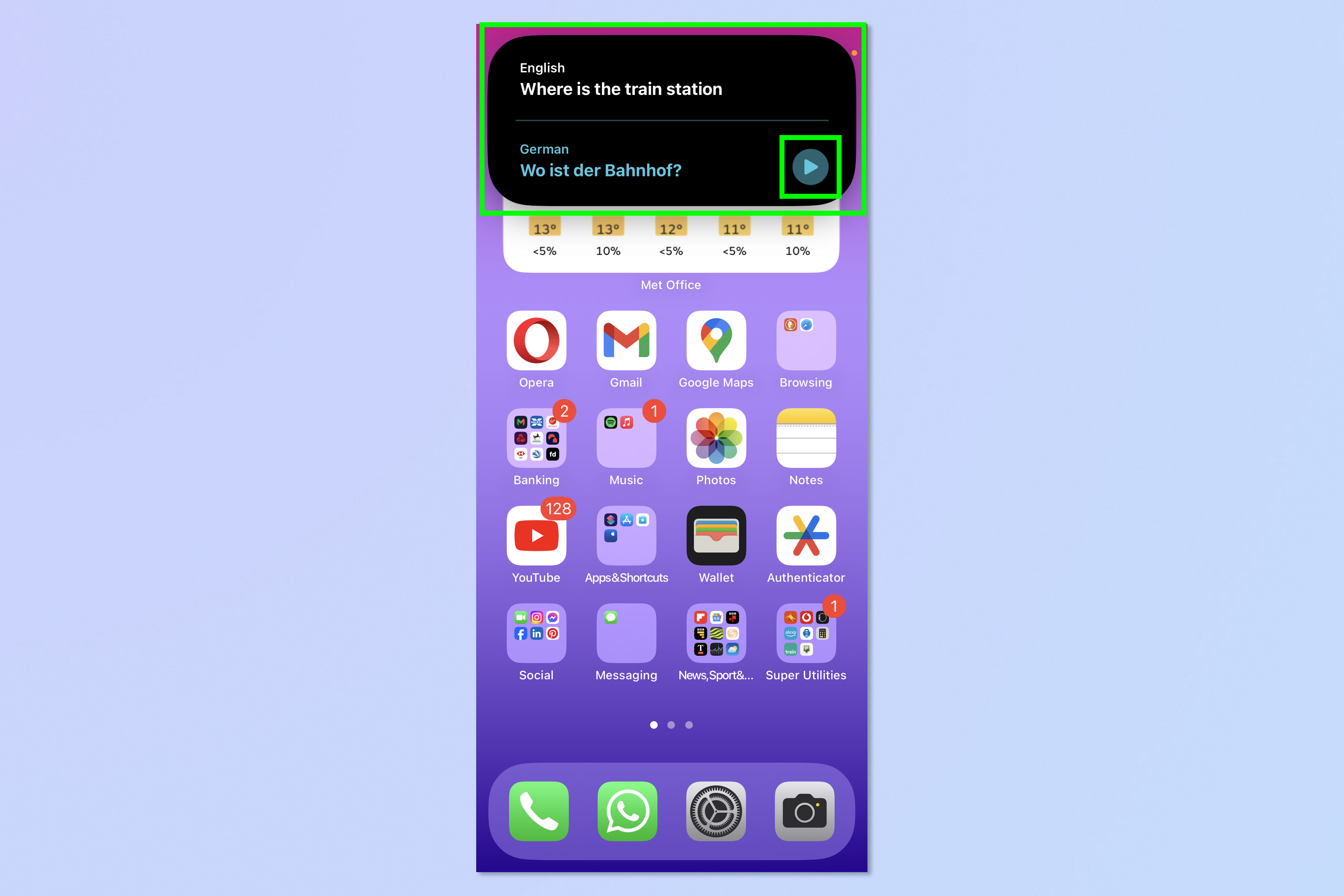 Снимок экрана, показывающий, как настроить Переводчик с помощью кнопки действия на iPhone 15 Pro.