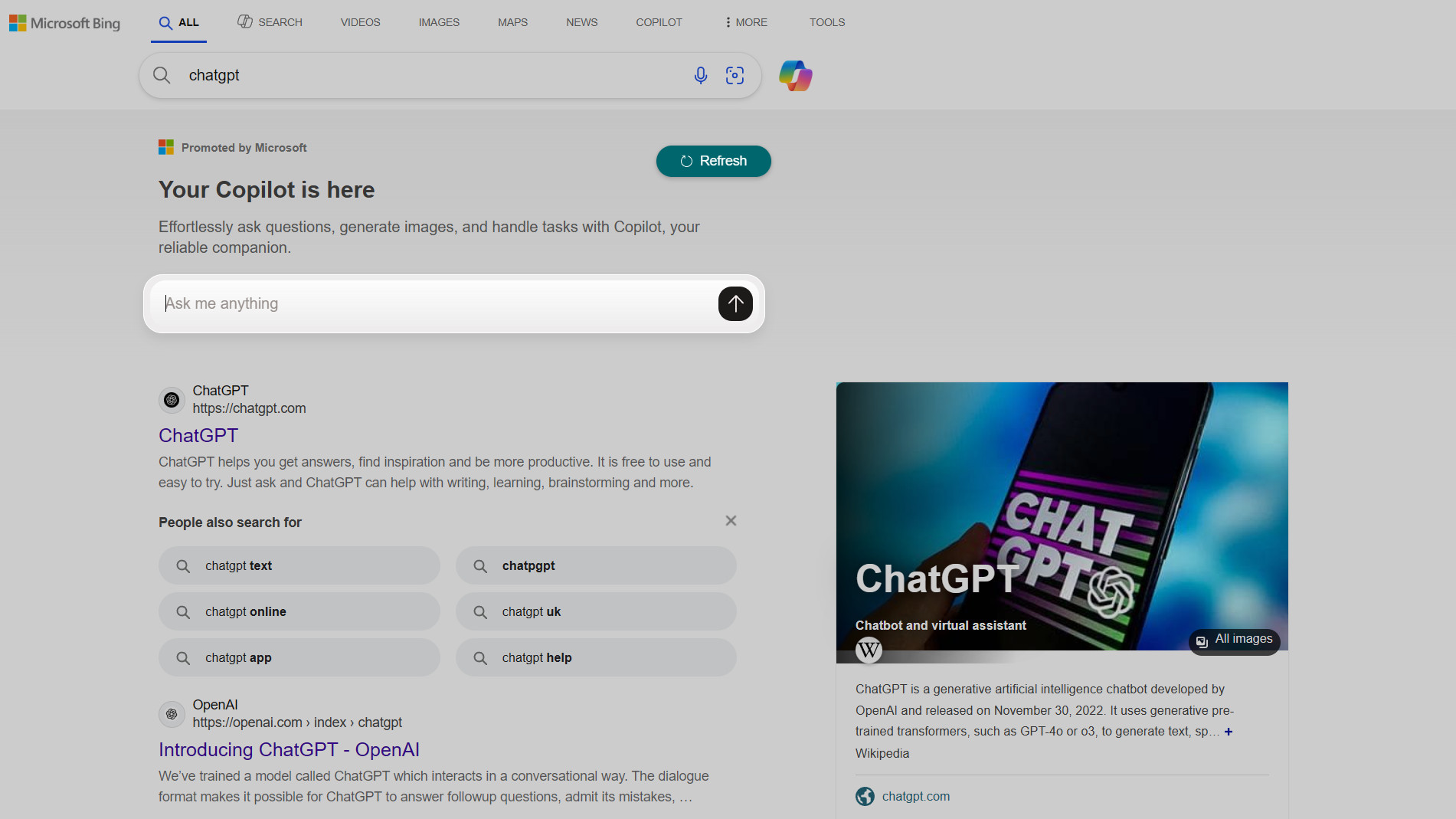 Bing search page promoting Copilot AI